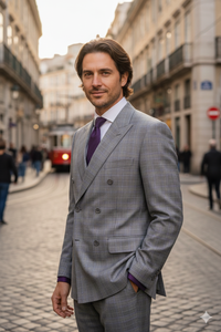 Mens Classic Wool Feel Double Breasted Glen Plaid Suit in Grey