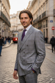 Mens Classic Wool Feel Double Breasted Glen Plaid Suit in Grey - Image 9