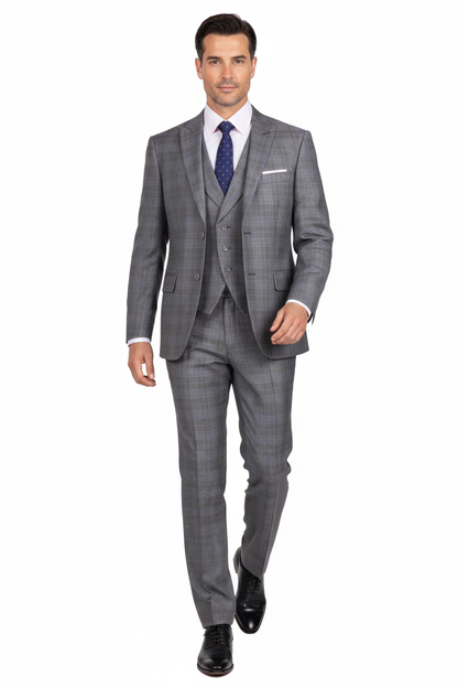Mens 2 Button Vested Peak Lapel Plaid Suit in Grey - Image 8