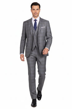 Mens 2 Button Vested Peak Lapel Plaid Suit in Grey - Image 8