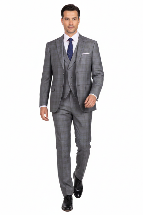 Mens 2 Button Vested Peak Lapel Plaid Suit in Grey