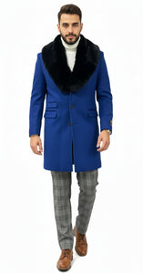 Mens Royal Blue Overcoat - Blue Topcoat  With Fur Collar - Mens Car Coat