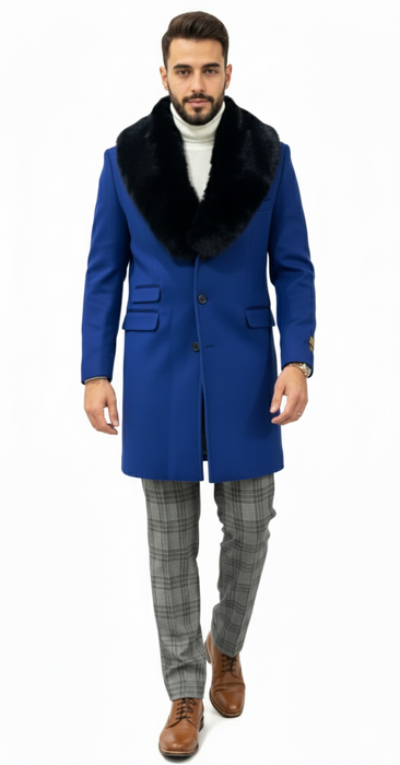 Mens Royal Blue Overcoat - Blue Topcoat  With Fur Collar - Mens Car Coat