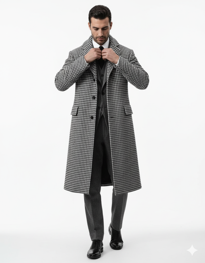 Houndstooth Overcoat - Black and White Checker And Real Wool Fabric Topcoat By Alberto Nardoni - Image 5