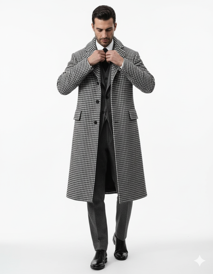 Houndstooth Overcoat - Black and White Checker And Real Wool Fabric Topcoat By Alberto Nardoni - Image 5