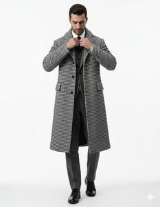 Houndstooth Overcoat - Black and White Checker And Real Wool Fabric Topcoat By Alberto Nardoni