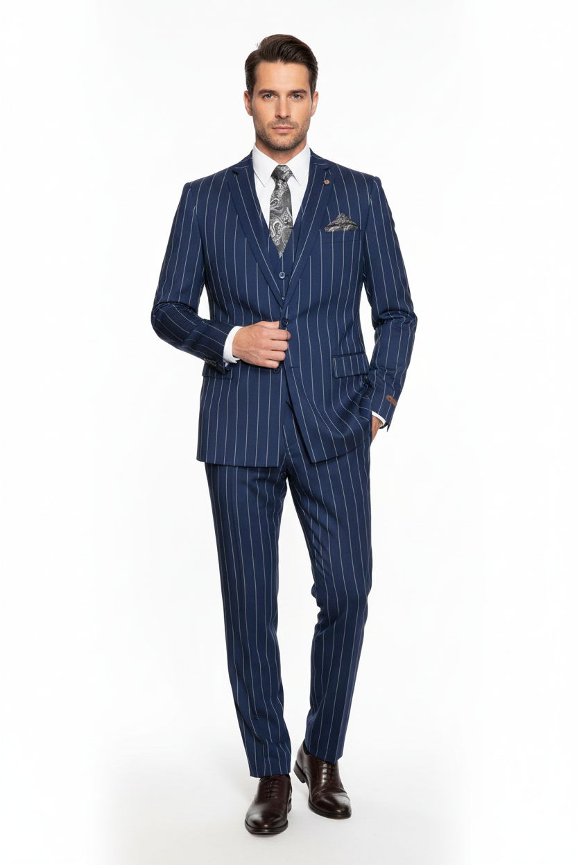 Men's Bold Gangster 1920s Vintage Navy Blue ~ White Gangster Bold Stripe 2 Button Vested Dress Suits for Men - Image 2