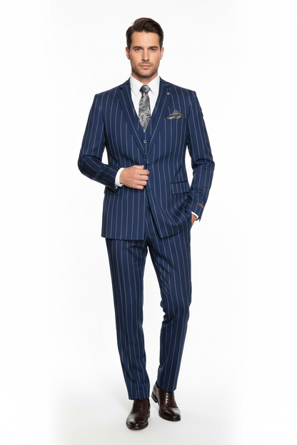 Men's Bold Gangster 1920s Vintage Navy Blue ~ White Gangster Bold Stripe 2 Button Vested Dress Suits for Men - Image 2