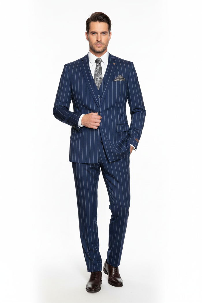 Men's Bold Gangster 1920s Vintage Navy Blue ~ White Gangster Bold Stripe 2 Button Vested Dress Suits for Men - Image 2