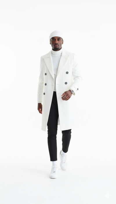 Mens Cashmere & Wool White Double Breasted Overcoat ~ Car Coat