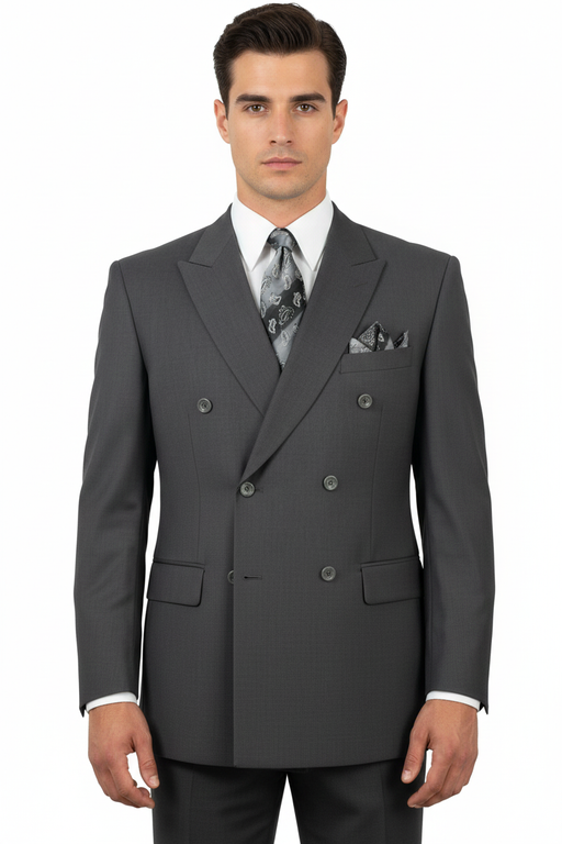 Mens Classic Wool Feel Double Breasted Suit in Heather Grey