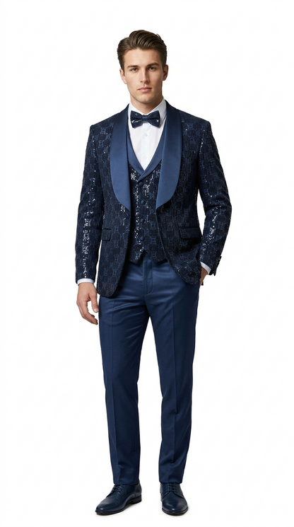 Men's Navy Blue Shiny Patterned Shawl Lapel Tuxedo Set for Wedding & Prom