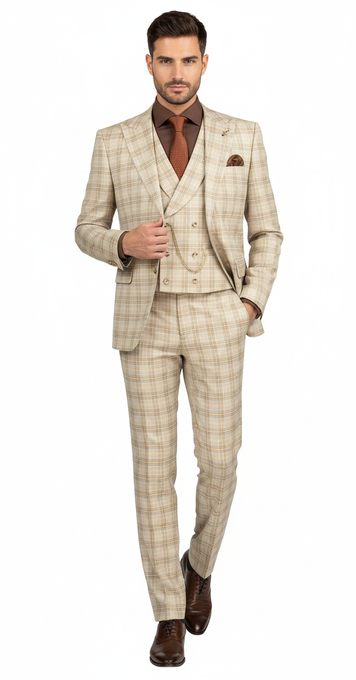 Khaki Plaid Suit - Vested Suit - 3 Piece Suits - Peak Lapel Suits - Windowpane Suit - 2 Button - Image 6