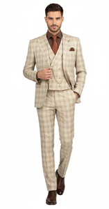Khaki Plaid Suit - Vested Suit - 3 Piece Suits - Peak Lapel Suits - Windowpane Suit - 2 Button