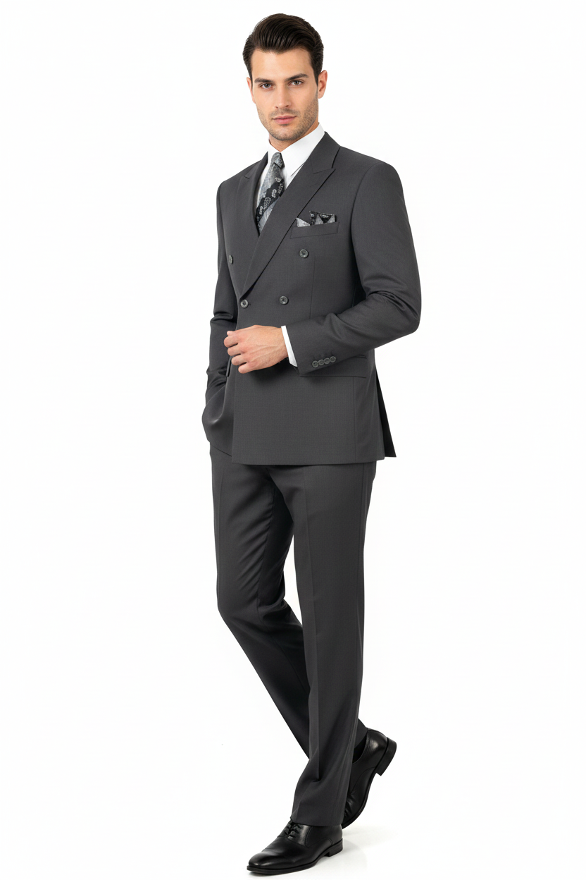 Mens Classic Wool Feel Double Breasted Suit in Heather Grey - Image 7