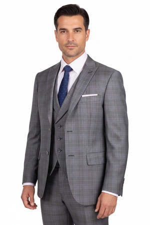 Mens 2 Button Vested Peak Lapel Plaid Suit in Grey - Image 2