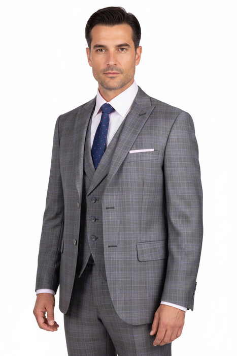 Mens 2 Button Vested Peak Lapel Plaid Suit in Grey