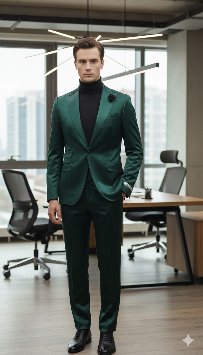 Mens Single Breast Green Sateen Shiny Fabric Metallic Fabric - Sharskin Suit Modern Fit