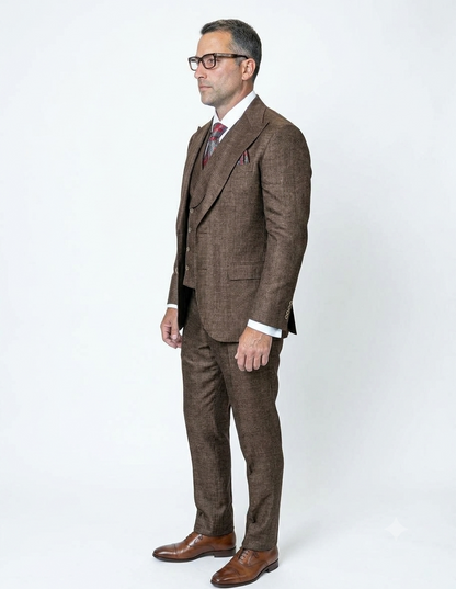 Mens Ticket Pocket Peak Lapel Double breasted Vest 100% Wool Tom Ford Style Modern Fit in Color "Brown" By Statement