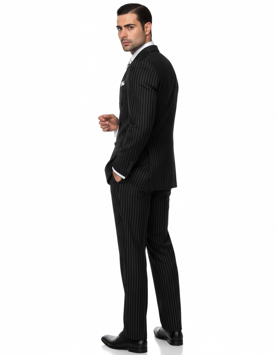 Mens Italian Wool Suit Color Black - Men's Designer Double Breasted Wool Bold Black Gangster Pinstripe Suit - Image 6