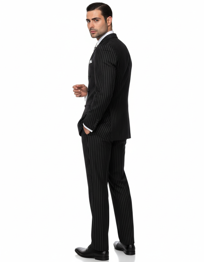 Mens Italian Wool Suit Color Black - Men's Designer Double Breasted Wool Bold Black Gangster Pinstripe Suit - Image 6