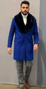 Mens Royal Blue Overcoat - Blue Topcoat  With Fur Collar - Mens Car Coat