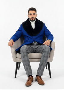 Mens Royal Blue Overcoat - Blue Topcoat  With Fur Collar - Mens Car Coat