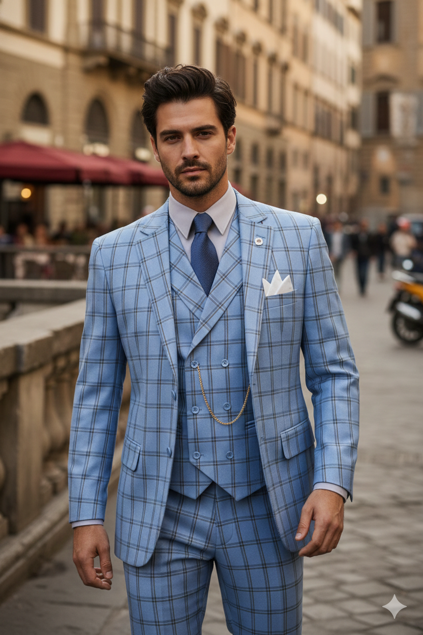 Lazio Collection - Modern Fit Windowpane Suit 3 Piece in Light Blue - Image 12