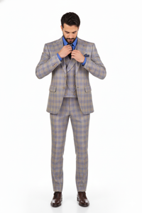 Blue Modern Fit Windowpane Peak Lapel 3 Piece Suit