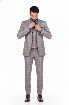 Blue Modern Fit Windowpane Peak Lapel 3 Piece Suit - Image 5