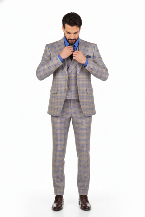 Blue Modern Fit Windowpane Peak Lapel 3 Piece Suit