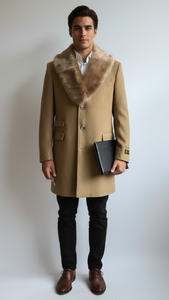 Men's Camel Three Button  Full Length Overcoat Men's Carcoat - Car Coat Mid Length Three quarter length coat