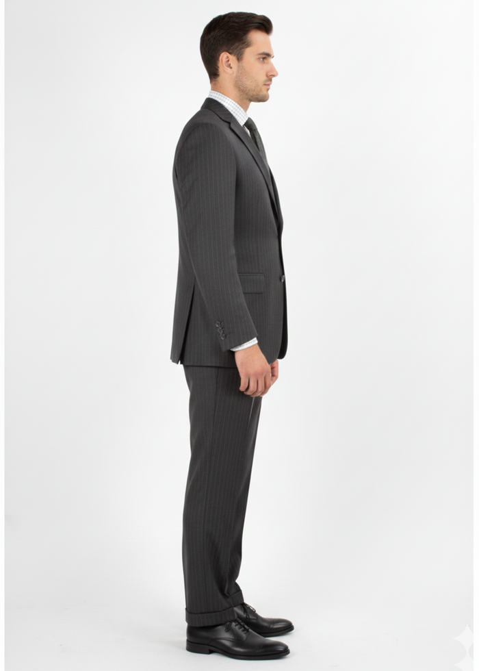 Men'S 2 Piece 100% Executive Suit - Charcoal With Silver Stripe ~ Pinstripe - 100% Percent Wool Fabric Suit - Worsted Wool Business Suit - Image 4