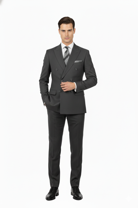 Mens Classic Wool Feel Double Breasted Suit in Heather Grey