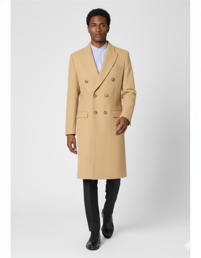 Men's Dress Coat Wool Blend Double Breasted Camel Back Vent Peak Lapel Overcoat Bronze Color Alberto Nardoni Collection - Image 10
