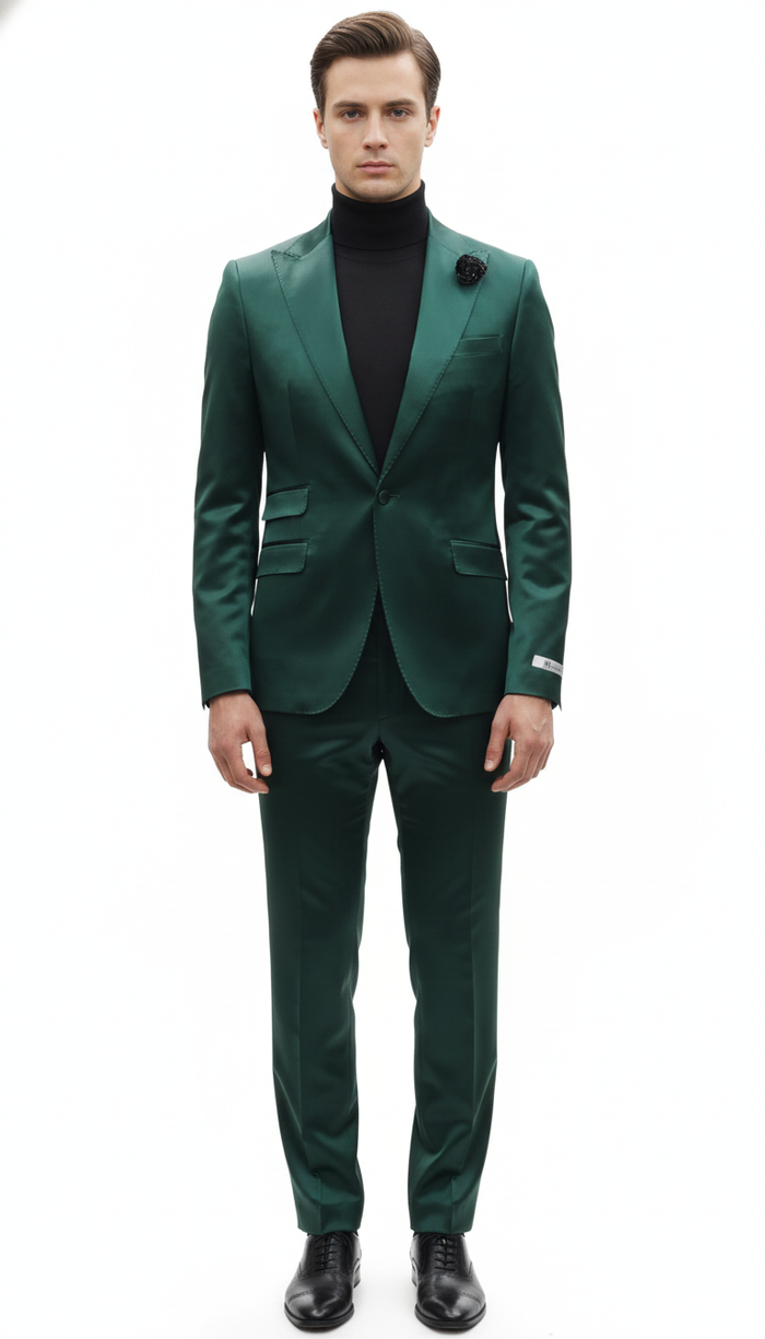 Mens Single Breast Green Sateen Shiny Fabric Metallic Fabric - Sharskin Suit Modern Fit