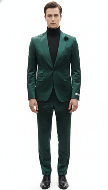 Mens Single Breast Green Sateen Shiny Fabric Metallic Fabric - Sharskin Suit