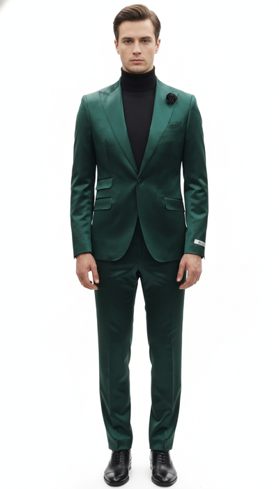 Mens Single Breast Green Sateen Shiny Fabric Metallic Fabric - Sharskin Suit