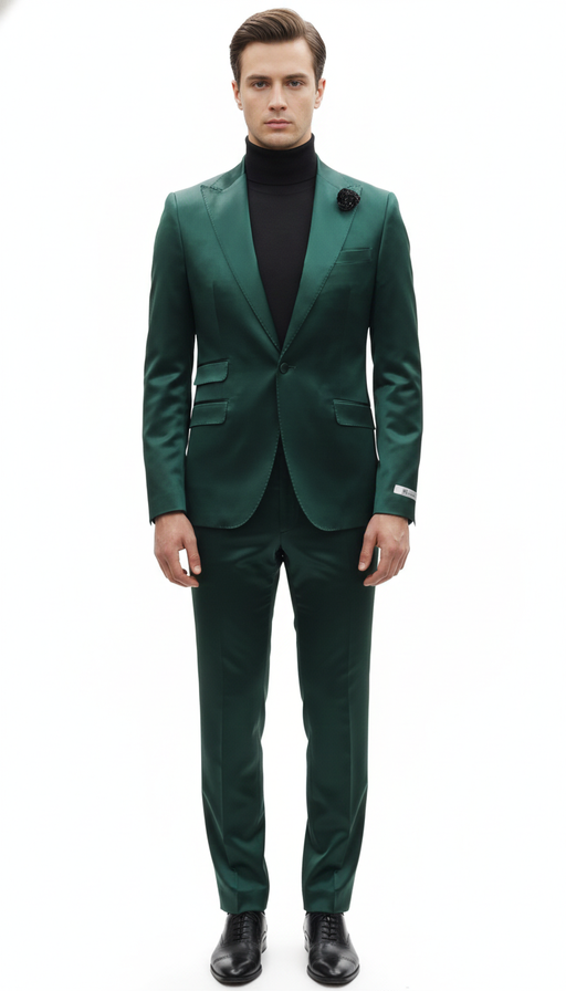 Mens Single Breast Green Sateen Shiny Fabric Metallic Fabric - Sharskin Suit