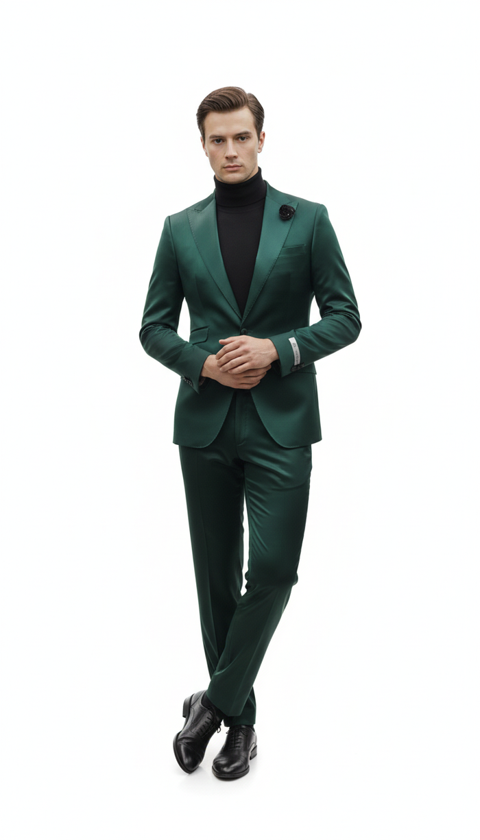 Mens Single Breast Green Sateen Shiny Fabric Metallic Fabric - Sharskin Suit Modern Fit