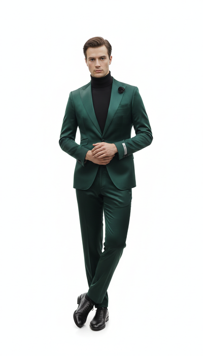 Mens Single Breast Suit Green - Sateen Shiny Fabric Metallic Fabric - Sharskin