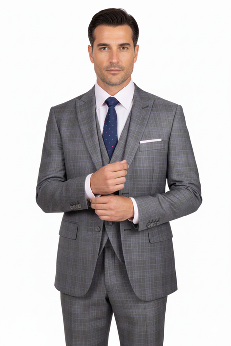 Mens 2 Button Vested Peak Lapel Plaid Suit in Grey