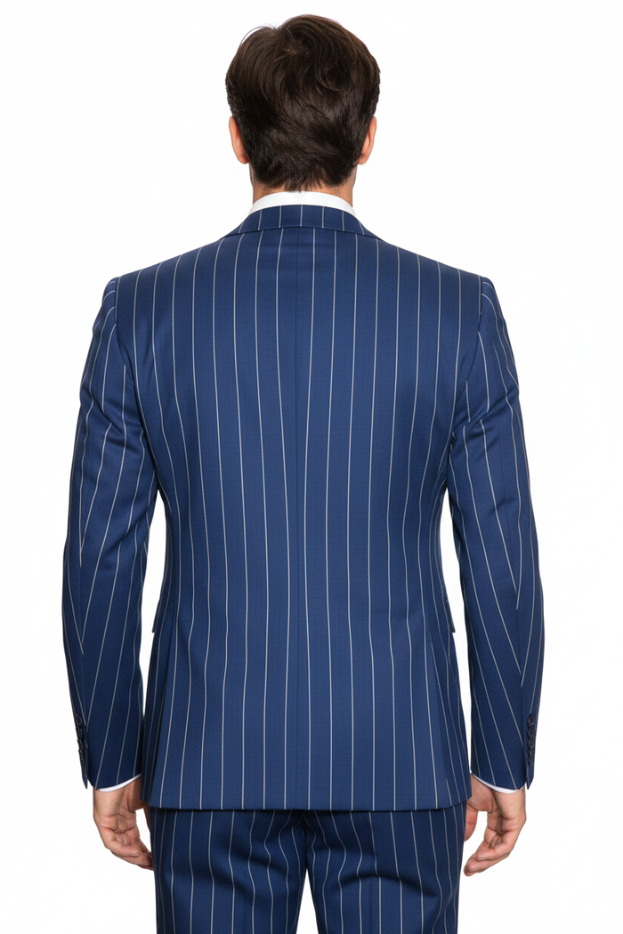 Men's Bold Gangster 1920s Vintage Navy Blue ~ White Gangster Bold Stripe 2 Button Vested Dress Suits for Men - Image 3