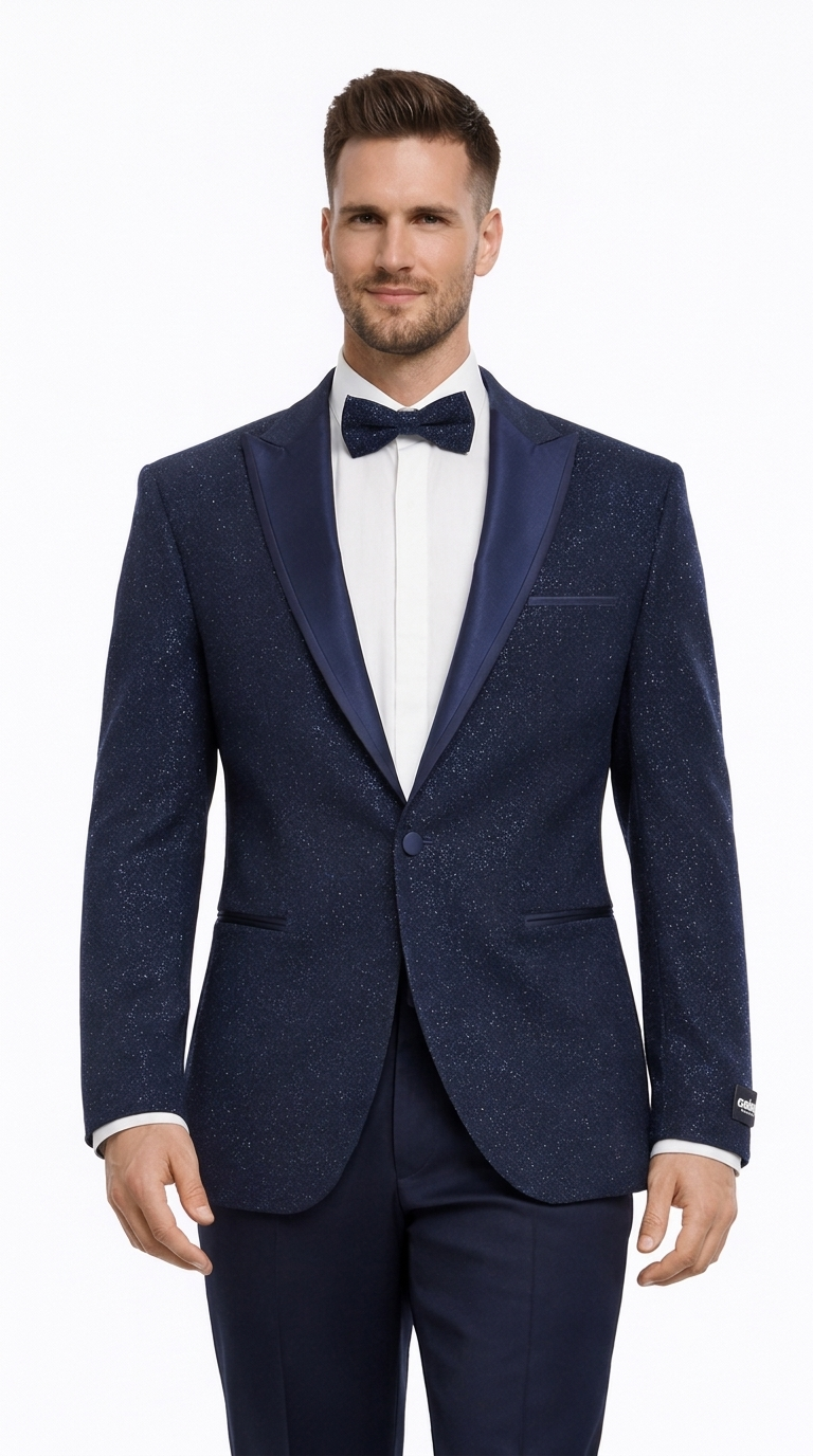 Mens Navy Blue Tuxedo Sparkly Shiny Dinner Jacket + Pants