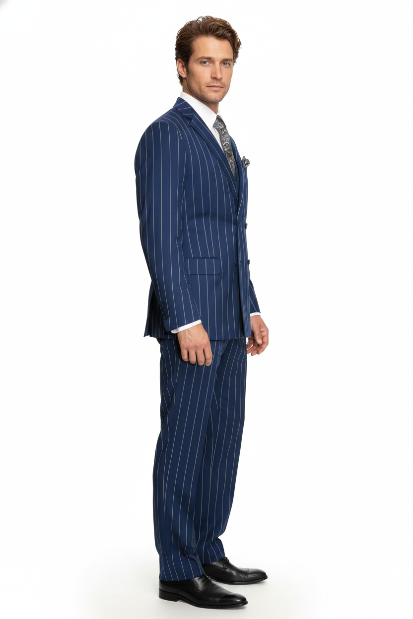 Men's Bold Gangster 1920s Vintage Navy Blue ~ White Gangster Bold Stripe 2 Button Vested Dress Suits for Men - Image 7