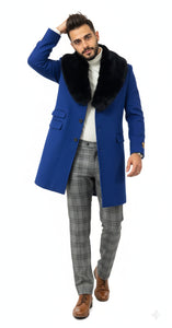 Mens Royal Blue Overcoat - Blue Topcoat  With Fur Collar - Mens Car Coat