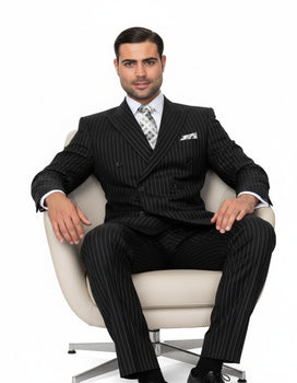 Mens Italian Wool Suit Color Black - Men's Designer Double Breasted Wool Bold Black Gangster Pinstripe Suit - Image 7
