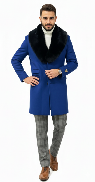 Mens Royal Blue Overcoat - Blue Topcoat  With Fur Collar - Mens Car Coat