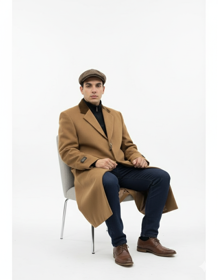 Chesterfield Camel Overcoat With Brown Velvet Collar - Cashmere Blend Topcoat - Full Length Overcoat - Image 9