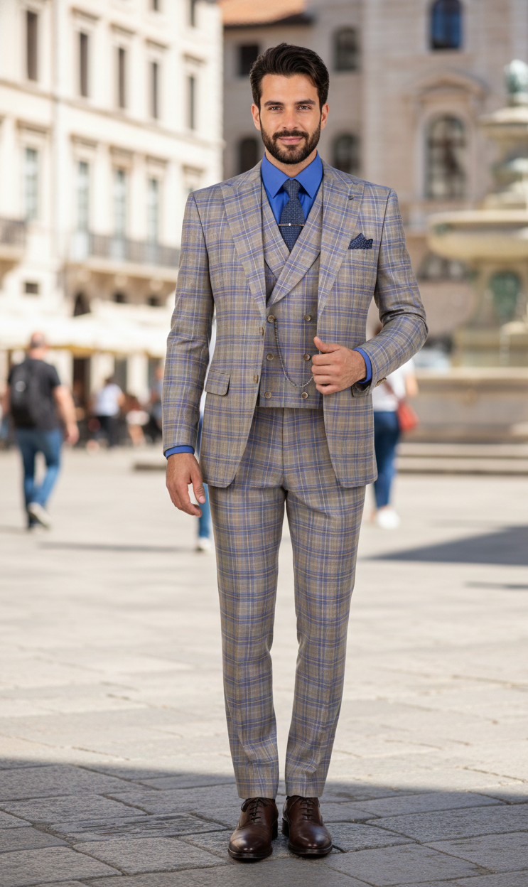 Blue Modern Fit Windowpane Peak Lapel 3 Piece Suit - Image 8